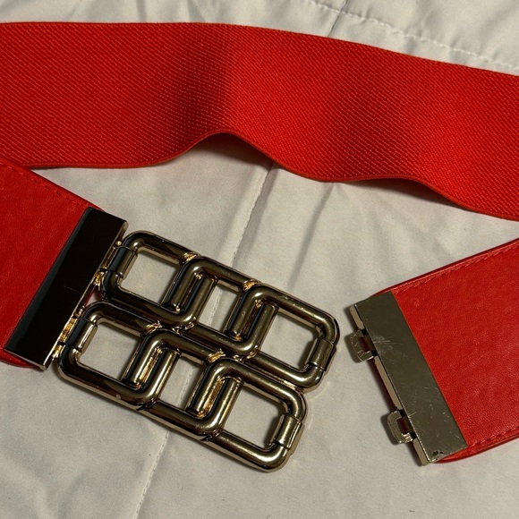 Y2K Gold Geometric Wide Stretch Belt New York & Co Interlock L/XL Orange 90s - Picture 2 of 14